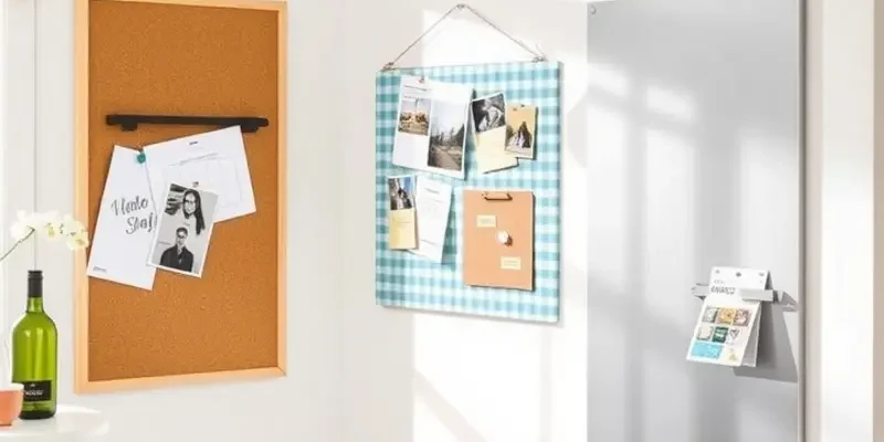 A stylish memo board with photos and notes displayed in a cozy rental apartment