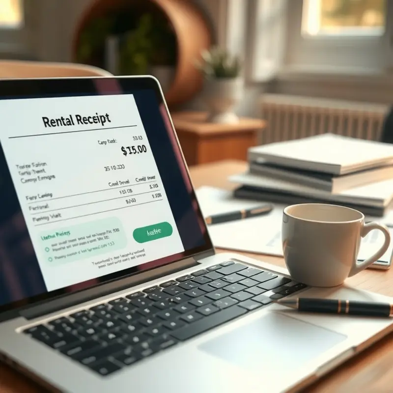 A cozy workspace featuring a rental payment receipt.