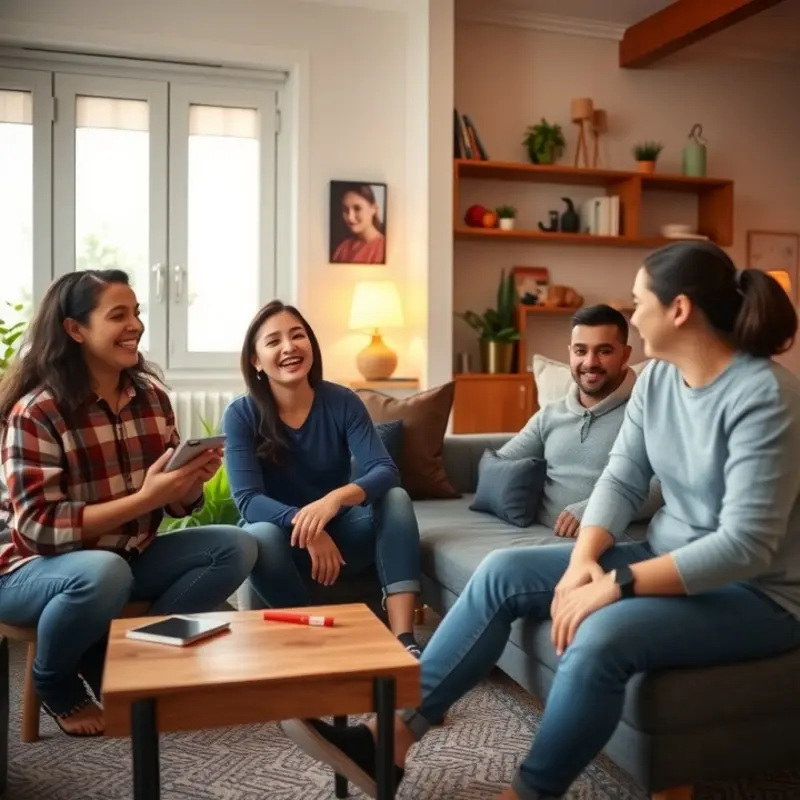 Roommates engaging in a lively conversation about their living arrangements.