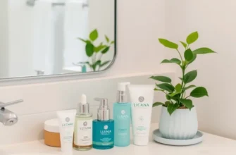 Bright apartment bathroom with organized skincare products and decorative plants, creating a calming atmosphere.