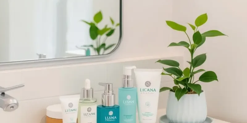 Bright apartment bathroom with organized skincare products and decorative plants, creating a calming atmosphere.