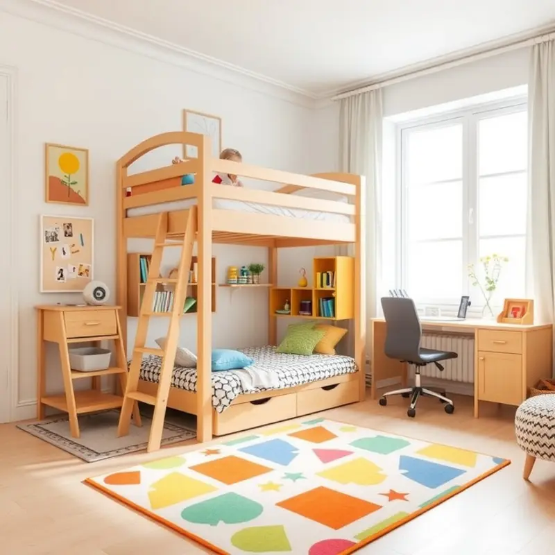 A creatively designed kids’ room utilizing space-saving furniture.