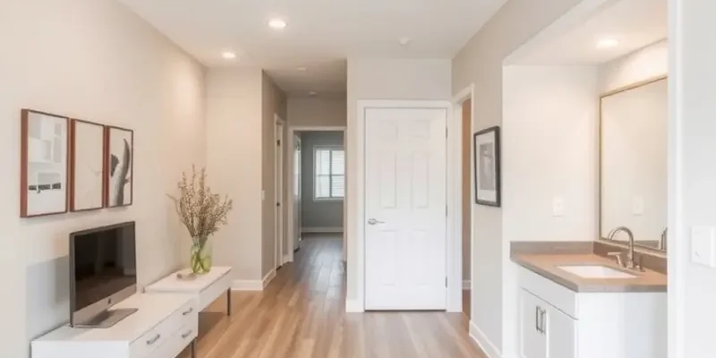 A cozy apartment interior with plants and accessible furniture creating an inviting atmosphere.