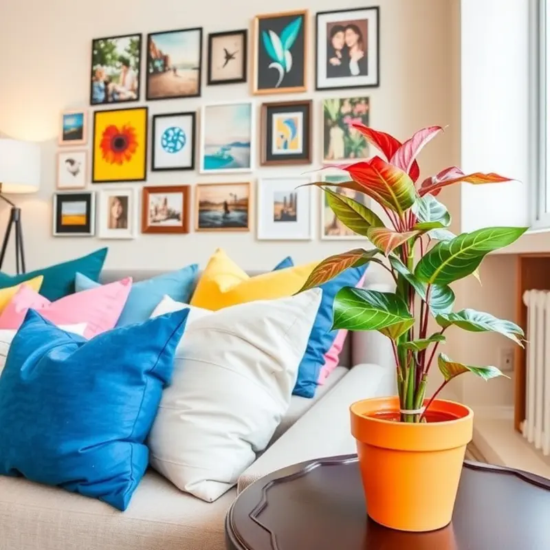 Bright and inviting living space with removable wallpaper and bold fabric accents.