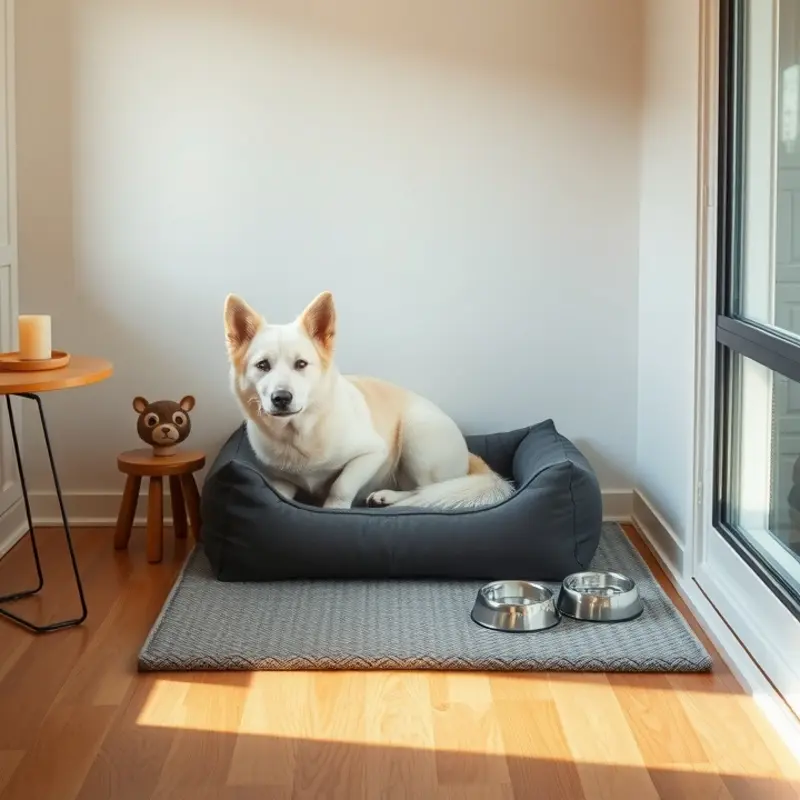 A cozy apartment living room designed for comfort, showcasing a safe environment for senior pets.