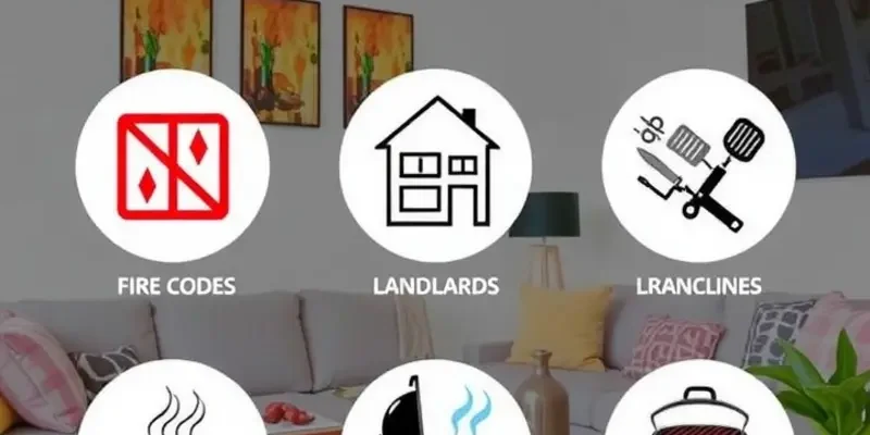 A grill in action on an apartment balcony with grilled food and a city view.