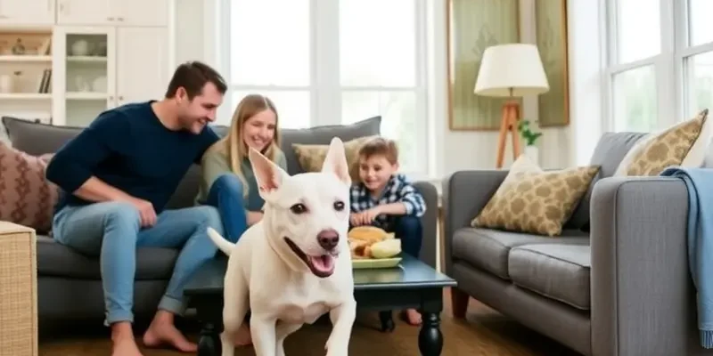 A cheerful apartment building in a lush neighborhood, showcasing families and pets enjoying the outdoors.