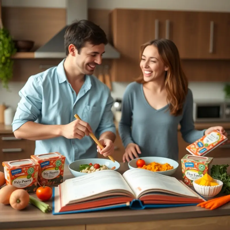 A happy couple preparing a meal with instant meal kits and fresh ingredients.