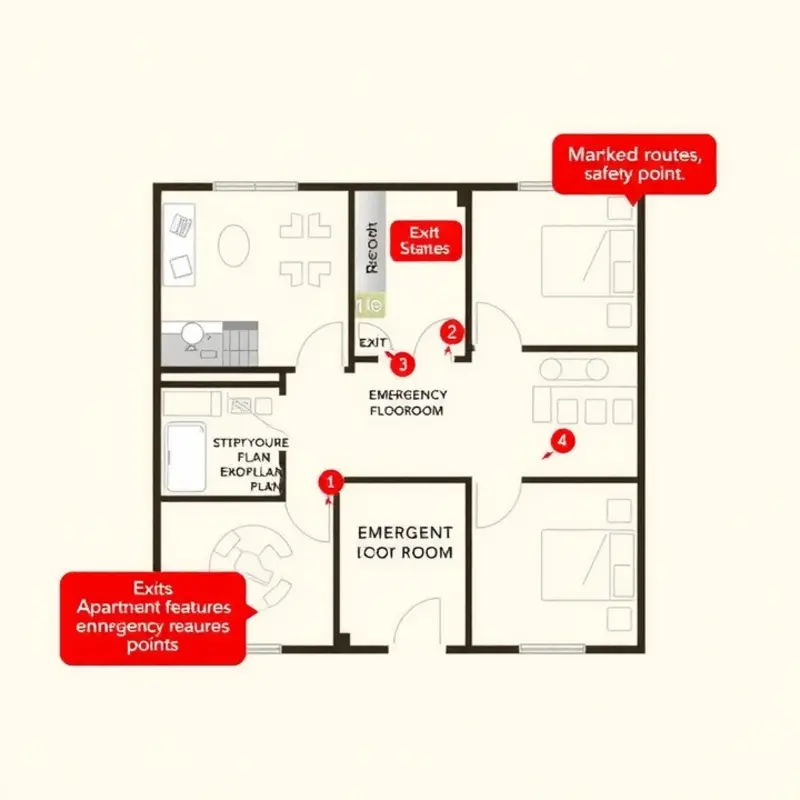 Illustration of an apartment floor plan highlighting evacuation paths and emergency exits.