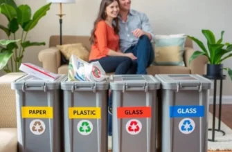A family in a bright apartment engaged in recycling together, surrounded by plants.