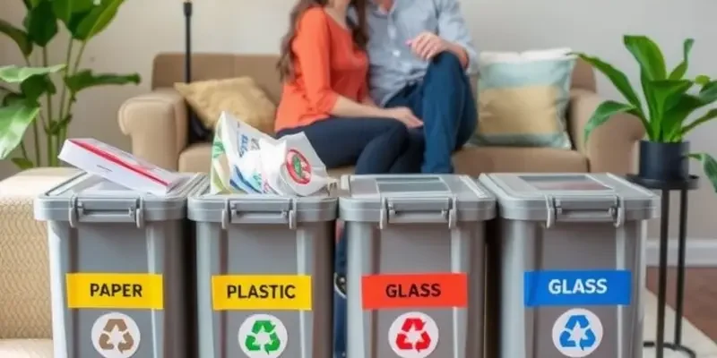 A family in a bright apartment engaged in recycling together, surrounded by plants.