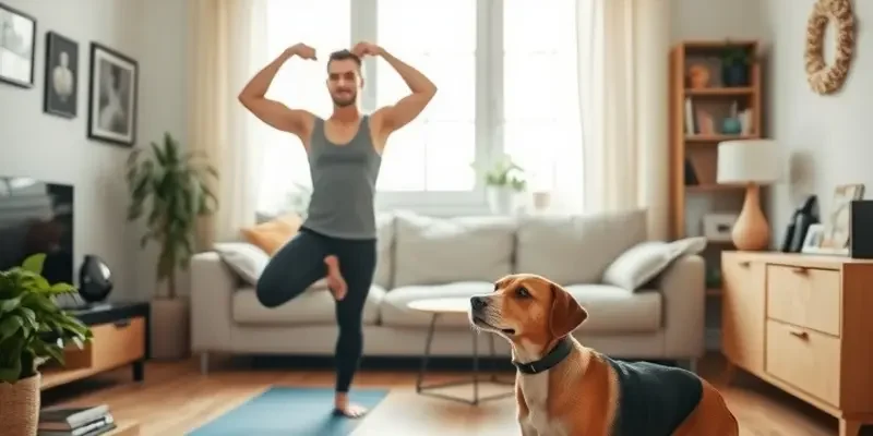 A vibrant apartment scene with individuals participating in different fitness activities, showcasing an inspiring fitness lifestyle.