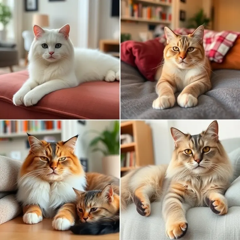 Collage of cat breeds suitable for apartments, showcasing their comfort in cozy living spaces.