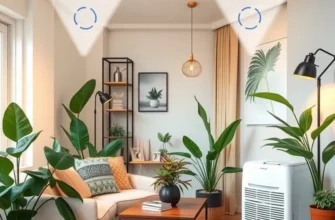 Bright and airy apartment featuring plants, humidity monitors, and a comfortable living space.