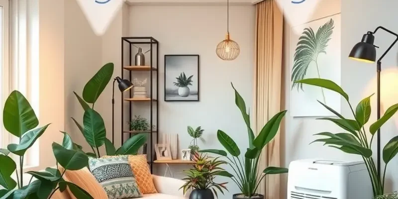 Bright and airy apartment featuring plants, humidity monitors, and a comfortable living space.
