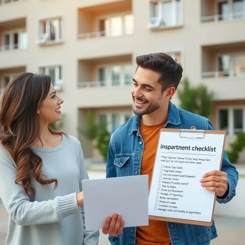 Couple inspecting their new apartment with a checklist.