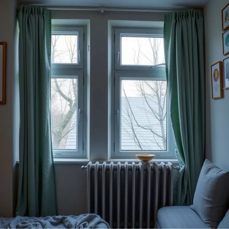 A winterized apartment with insulated windows and warm decor.