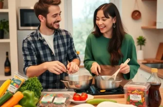 A bright apartment kitchen with colorful ingredients and a cozy dining area, perfect for cooking.