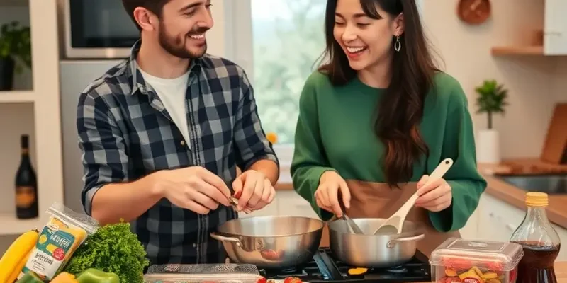 A bright apartment kitchen with colorful ingredients and a cozy dining area, perfect for cooking.