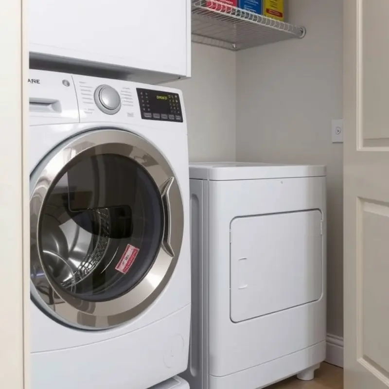 An organized laundry room showing safety precautions.