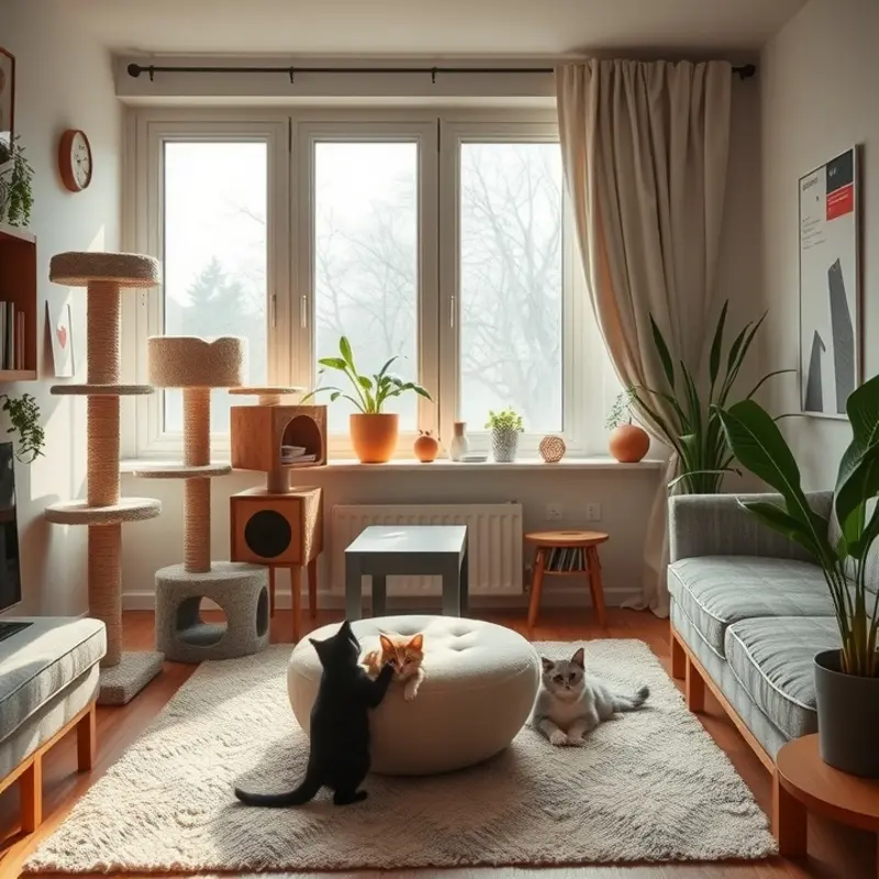 A vibrant living room featuring playful kittens enjoying their cozy apartment space.