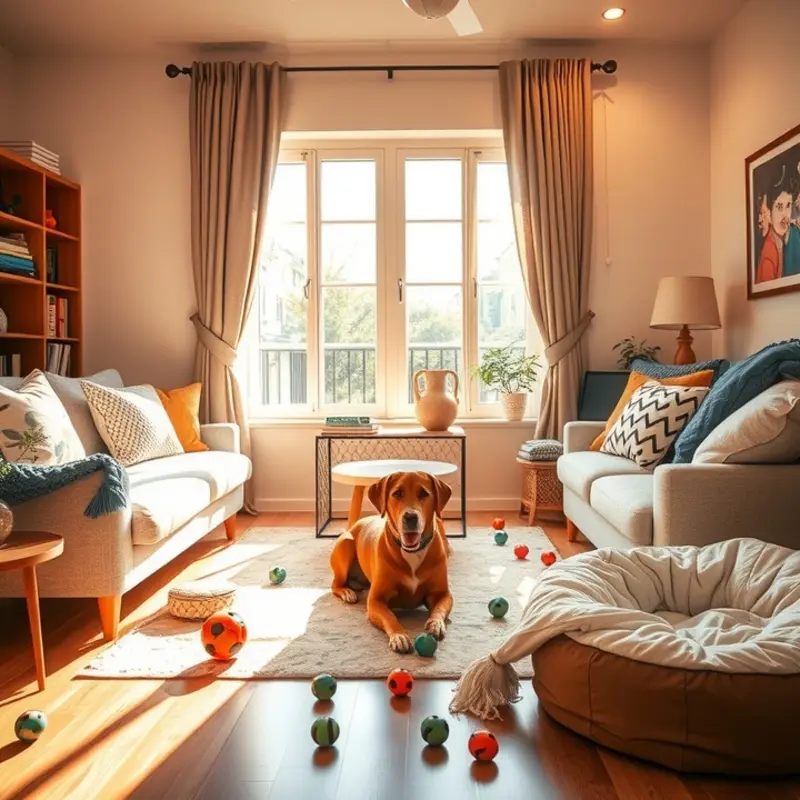 A cozy apartment living room designed for comfort, showcasing a safe environment for senior pets.
