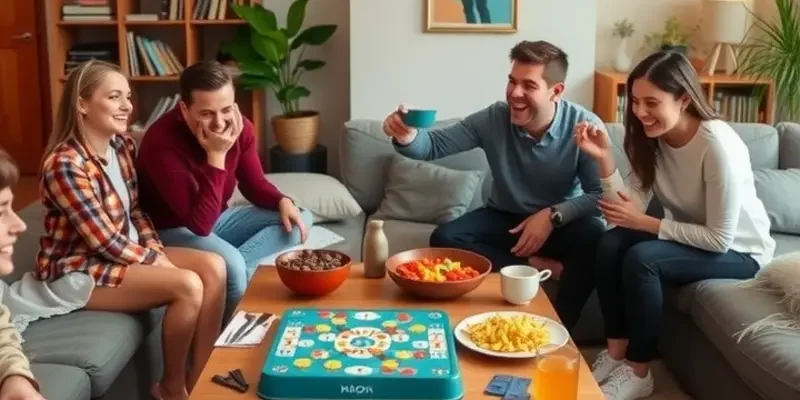 Silhouettes of friends laughing and enjoying a social gathering in an apartment.