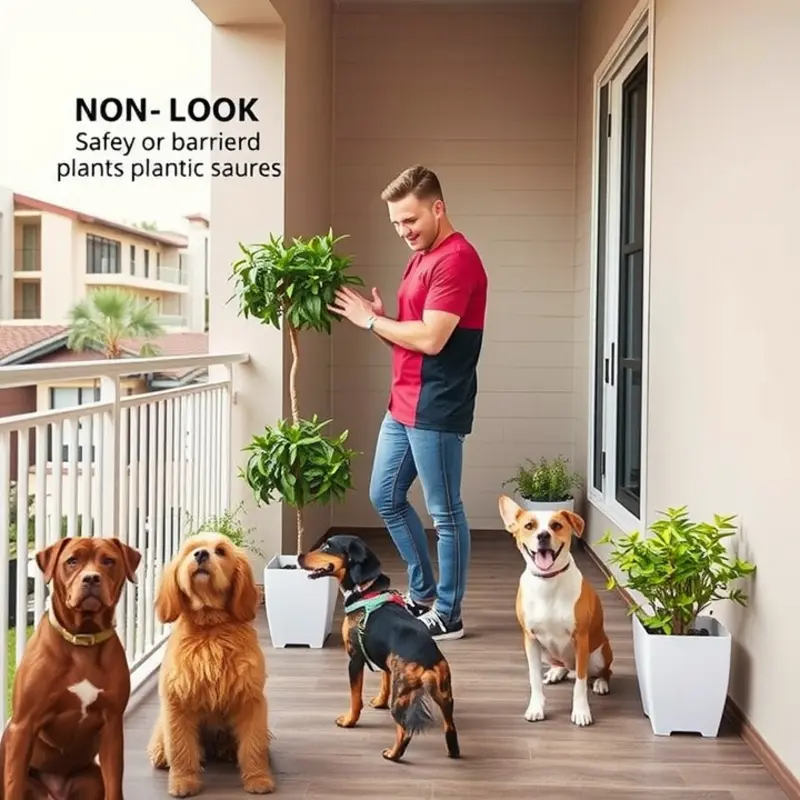 A beautifully designed pet-friendly balcony showcasing safety features and furnishings.