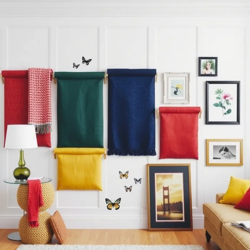 Eclectic wall art enhances the rental space while remaining removable.
