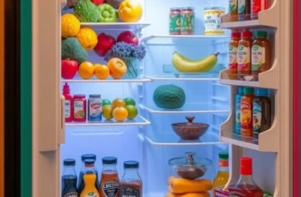 A vibrant kitchen with an organized refrigerator, ready for delicious meal prep.