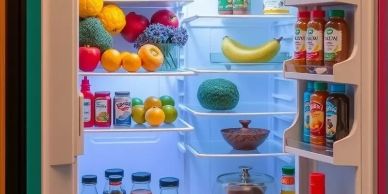 A vibrant kitchen with an organized refrigerator, ready for delicious meal prep.