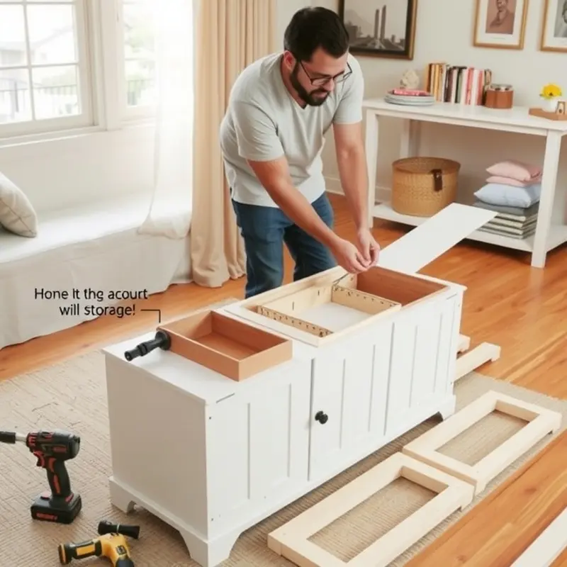 Essential materials and tools for building a storage bench laid out in a creative workspace.