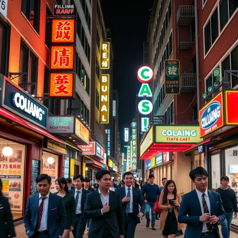 Bustling city street showcasing the vibrant nighttime life.