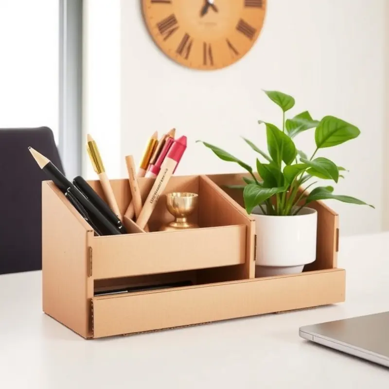 A cardboard desk organizer customized for an artistic workspace.