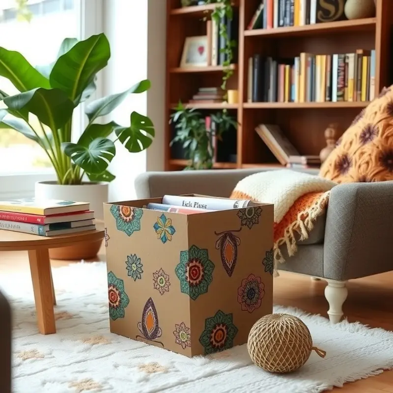 A chic cardboard magazine holder adds color to a cozy living room.