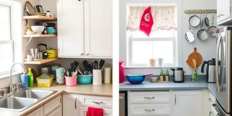 A well-organized and vibrant small kitchen set up for cooking.