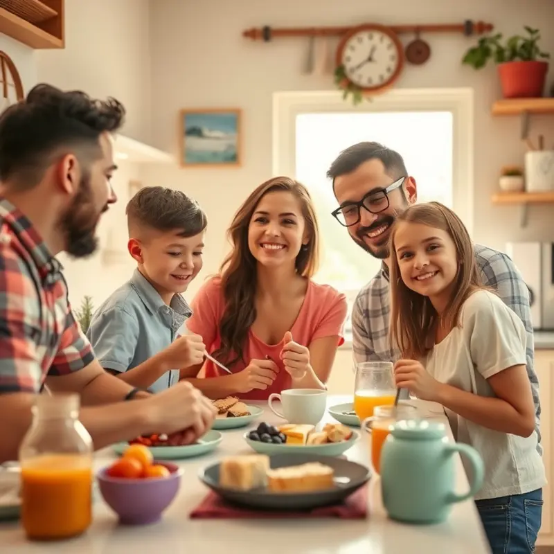 A joyful family sharing breakfast in their small apartment kitchen.