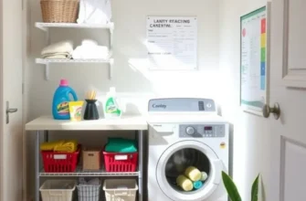 A bright apartment laundry scene with a person smiling while folding clothes and organized laundry supplies.