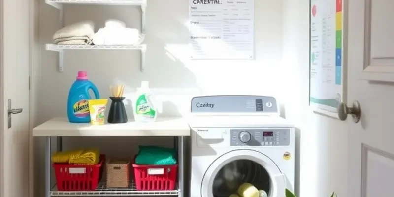 A bright apartment laundry scene with a person smiling while folding clothes and organized laundry supplies.