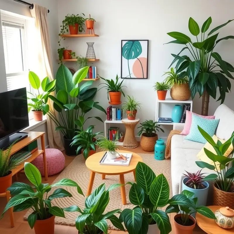 A vibrant living room showcasing a collection of child-safe plants.