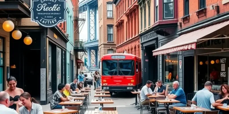 A sunset view of a city's skyline highlighting food trucks and outdoor dining experiences.