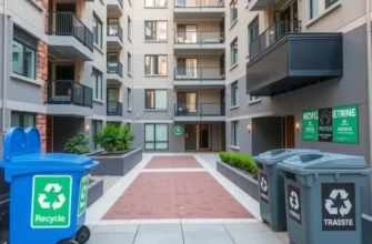 A tidy apartment interior featuring organized recycling and waste management solutions.