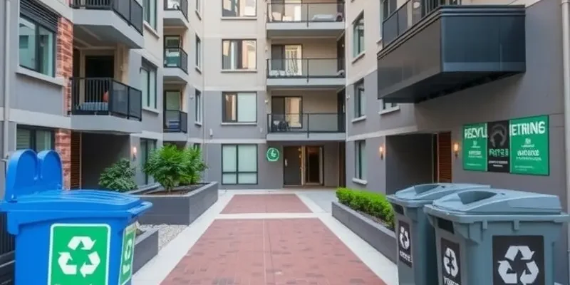 A tidy apartment interior featuring organized recycling and waste management solutions.