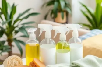 A bright and tidy apartment interior showcasing cleanliness and safety with visible eco-friendly cleaning supplies.