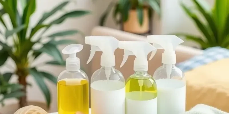 A bright and tidy apartment interior showcasing cleanliness and safety with visible eco-friendly cleaning supplies.