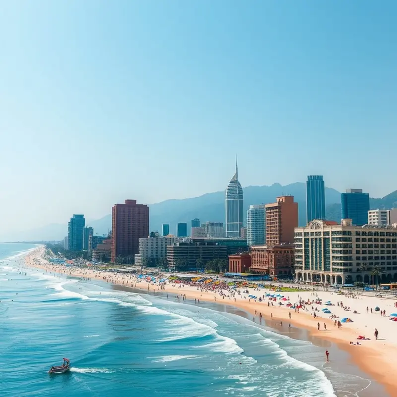A vibrant coastal city with a blend of beach and skyline.