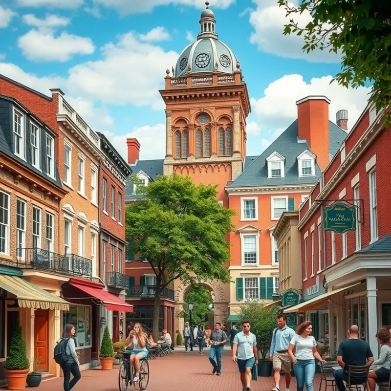 A lively college town showcasing its vibrant atmosphere and architecture.