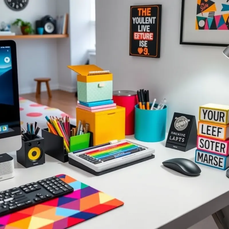 A vibrant desk filled with practical accessories for a creative workspace.