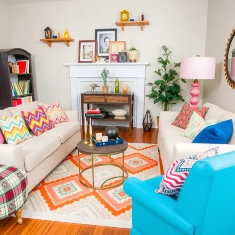 Creative apartment decor using color and fabric elements.