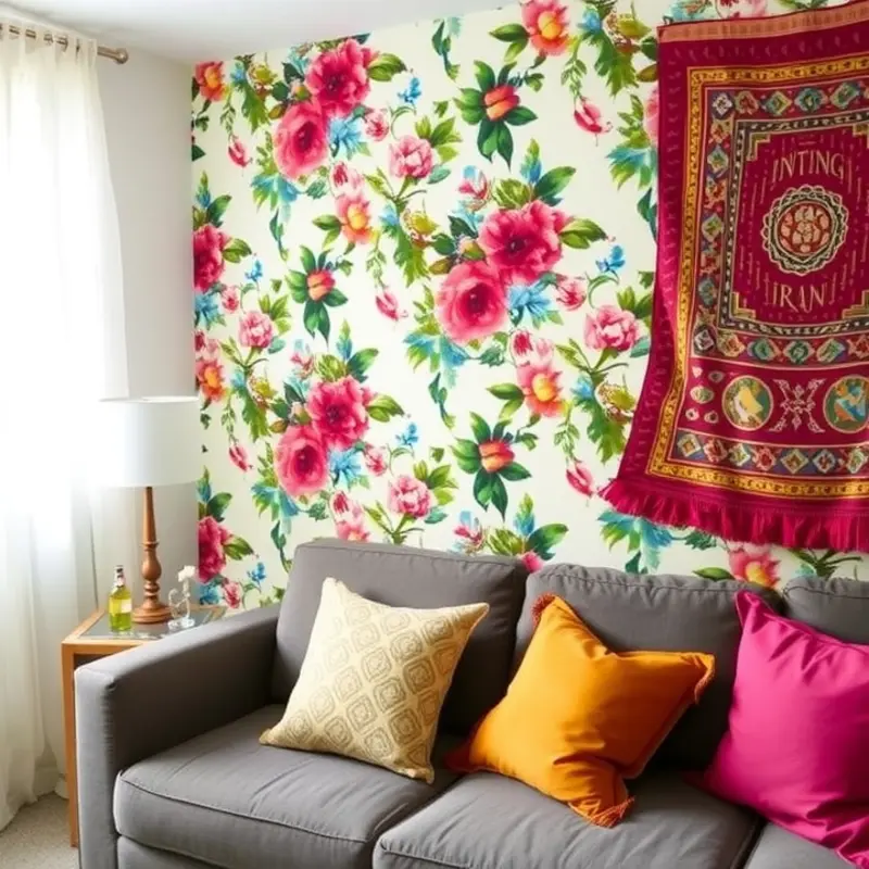 Bright and inviting living space with removable wallpaper and bold fabric accents.